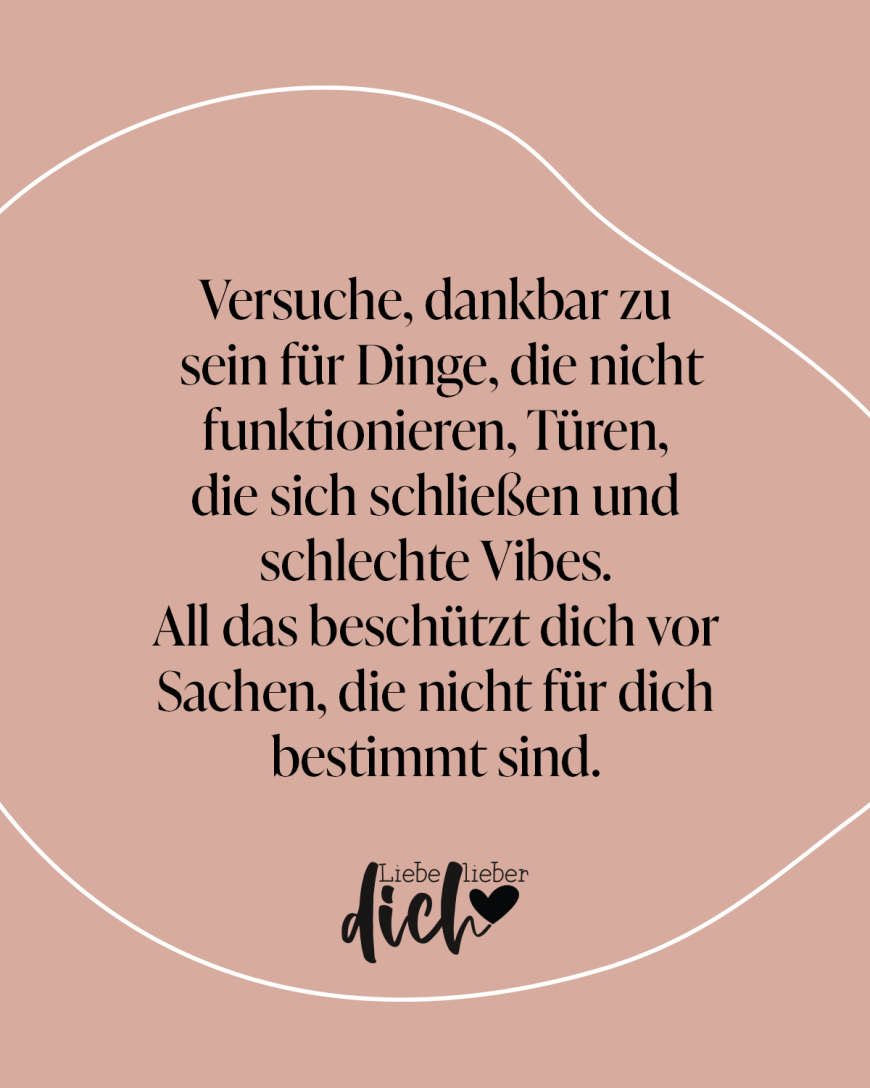 Versuche, dankbar zu sein für Dinge, die nicht funktionieren, Türen, die sich schließen und schlechte Vibes. All das beschützt dich vor Sachen, die nicht für dich bestimmt sind. / lachs