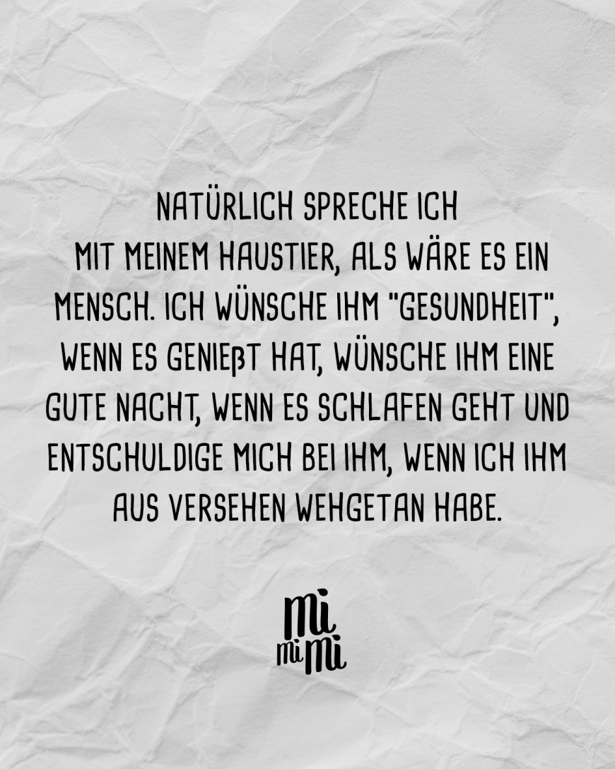 Natürlich spreche ich mit meinem Haustier, als wäre es ein Mensch.Ich wünsche ihm “Gesundheit”, wenn es genießt hat, wünsche ihm eine gute Nacht, wenn es schlafen geht und entschuldige mich bei ihm, wenn ich ihm aus Versehen wehgetan habe.