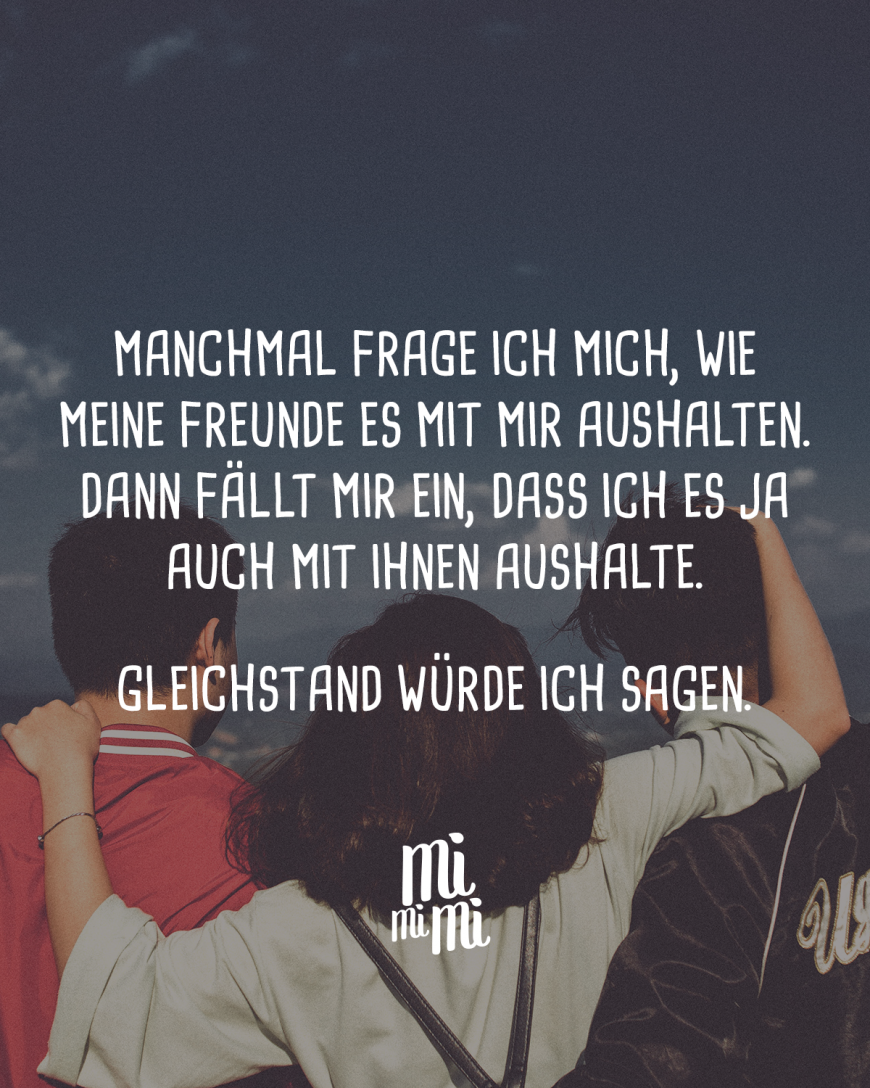 Manchmal frage ich mich, wie meine Freunde es mit mir aushalten. Dann fällt mir ein, dass ich es ja auch mit ihnen aushalte. Gleichstand würde ich sagen.