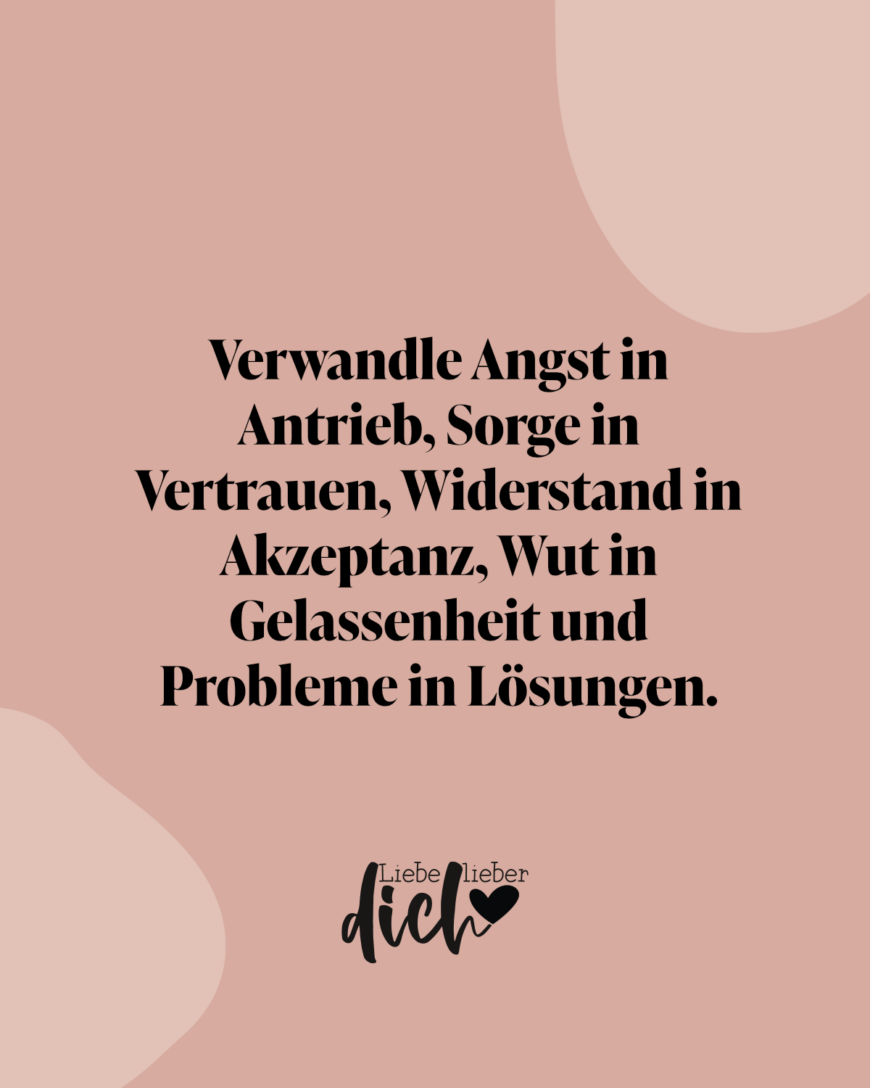 Verwandle Angst in Antrieb, Sorge in Vertrauen, Widerstand in Akzeptanz, Wut in Gelassenheit und Probleme in Lösungen. / lachs