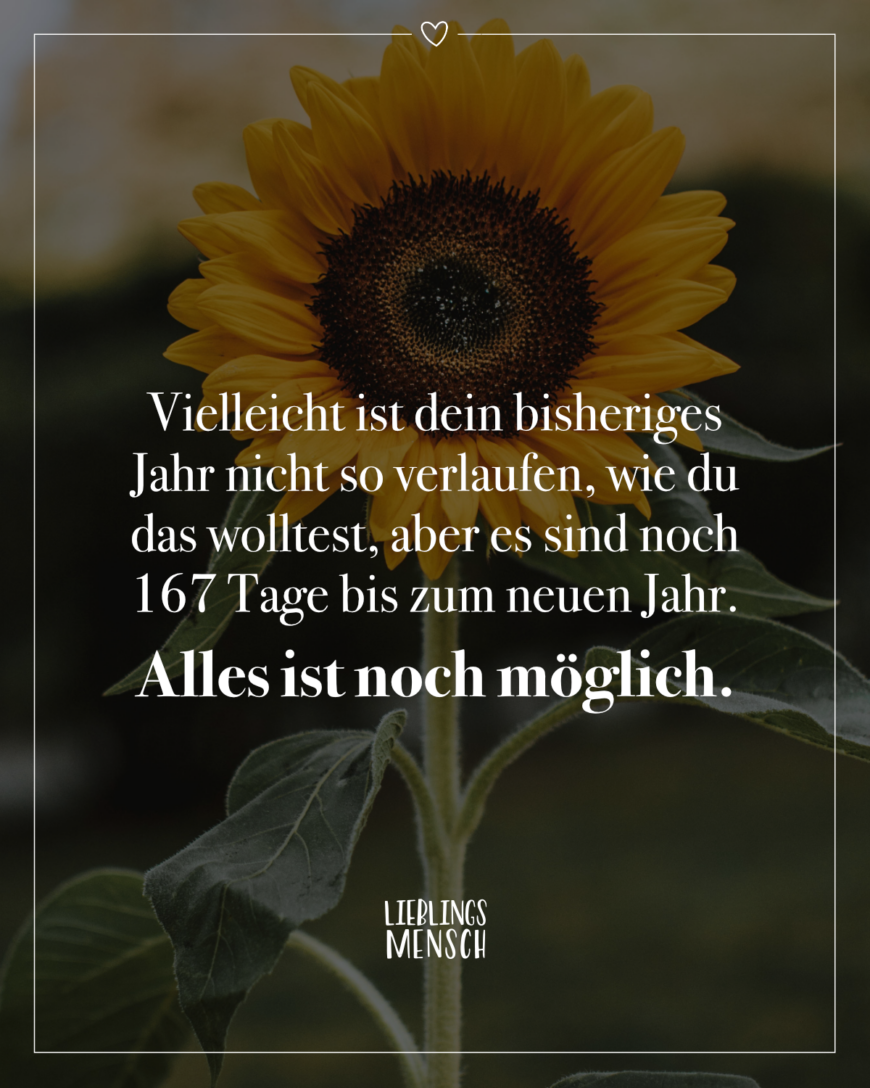 Vielleicht ist dein bisheriges Jahr nicht so verlaufen, wie du das wolltest, aber es sind noch 167 Tage bis zum neuen Jahr. Alles ist noch möglich.