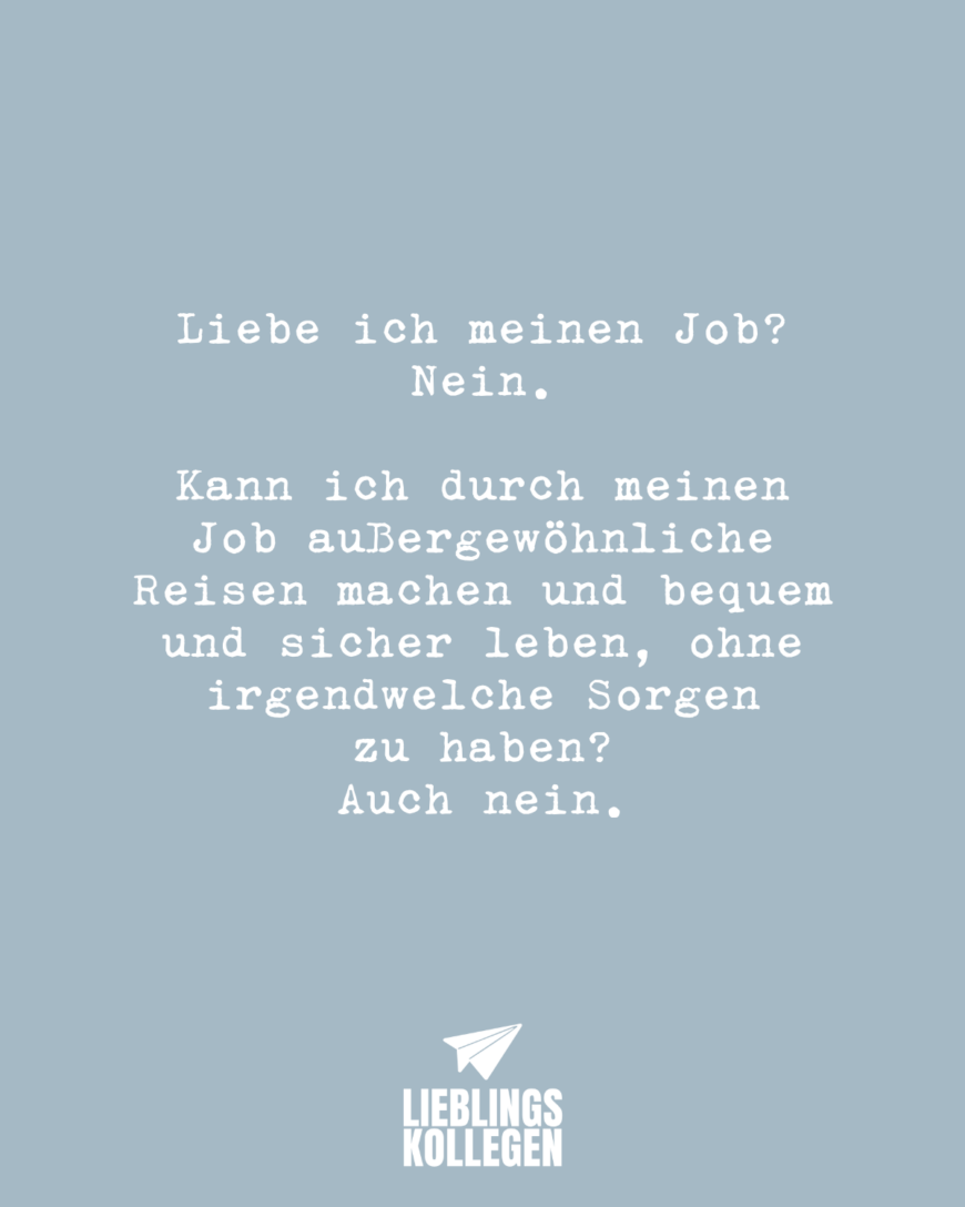 Liebe ich meinen Job? Nein. Kann ich durch meinen Job außergewöhnliche Reisen machen und bequem und sicher leben, ohne irgendwelche Sorgen zu haben? Auch nein.