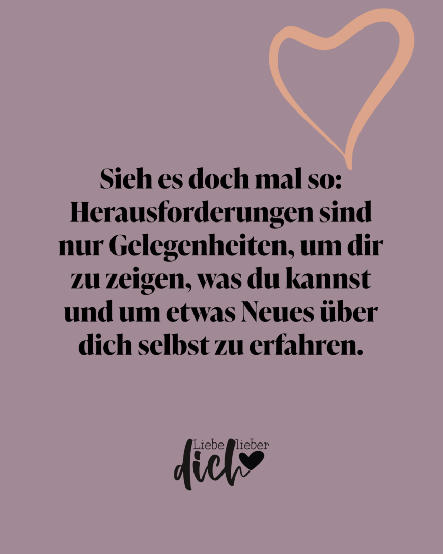 Sieh es doch mal so: Herausforderungen sind nur Gelegenheiten, um dir zu zeigen, was du kannst und um etwas Neues über dich selbst zu erfahren. / lila