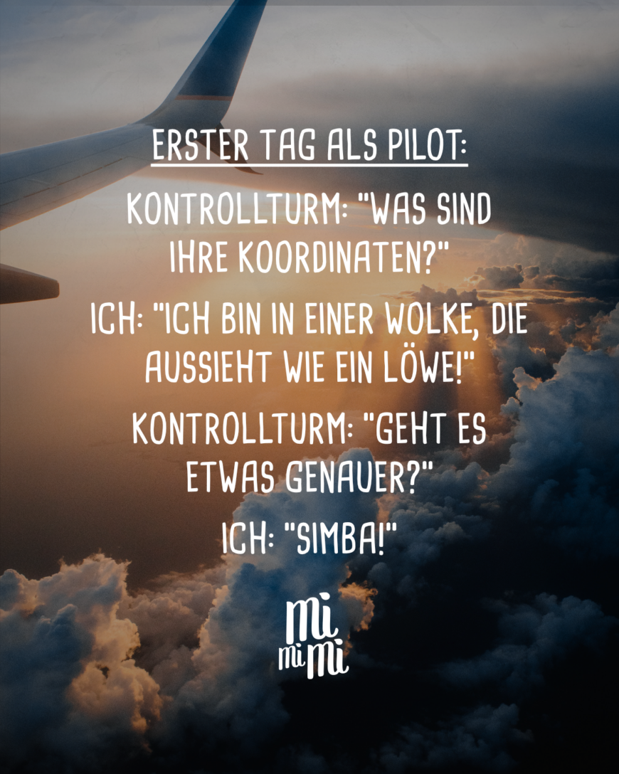 Erster Tag als Pilot: Kontrollturm: “Was sind ihre Koordinaten?” Ich: “Ich bin in einer Wolke, die aussieht wie ein Löwe!” Kontrollturm: “Geht es etwas genauer?” Ich: “Simba!”