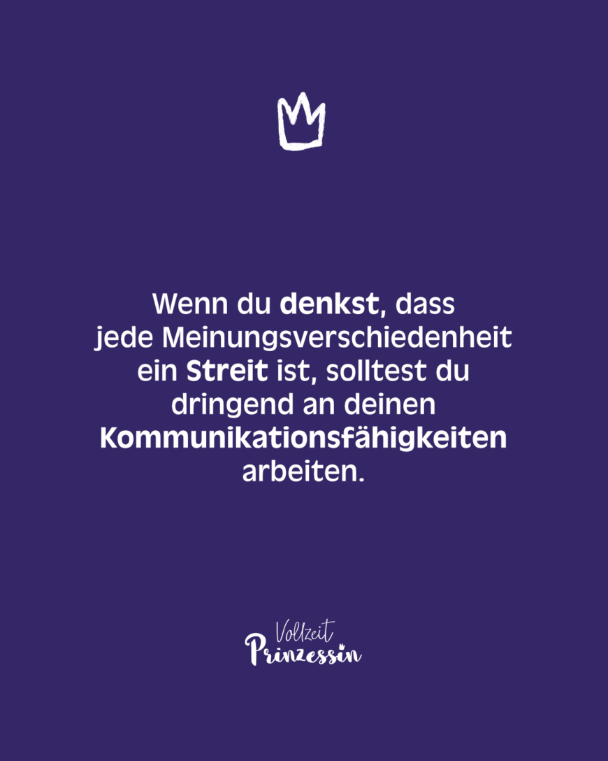 Wenn du denkst, dass jede Meinungsverschiedenheit ein Streit ist, solltest du dringend an deinen Kommunikationsfähigkeiten arbeiten.