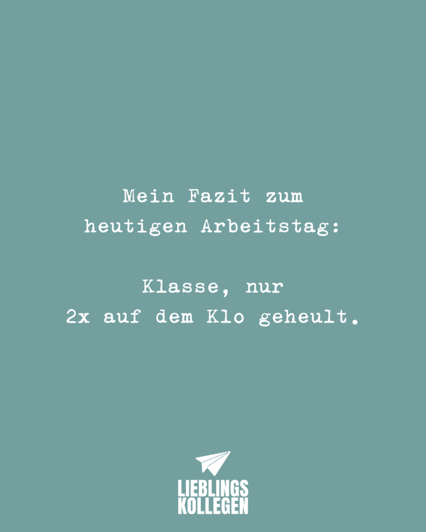 Mein Fazit zum heutigen Arbeitstag: Klasse, nur 2x auf dem Klo geheult.