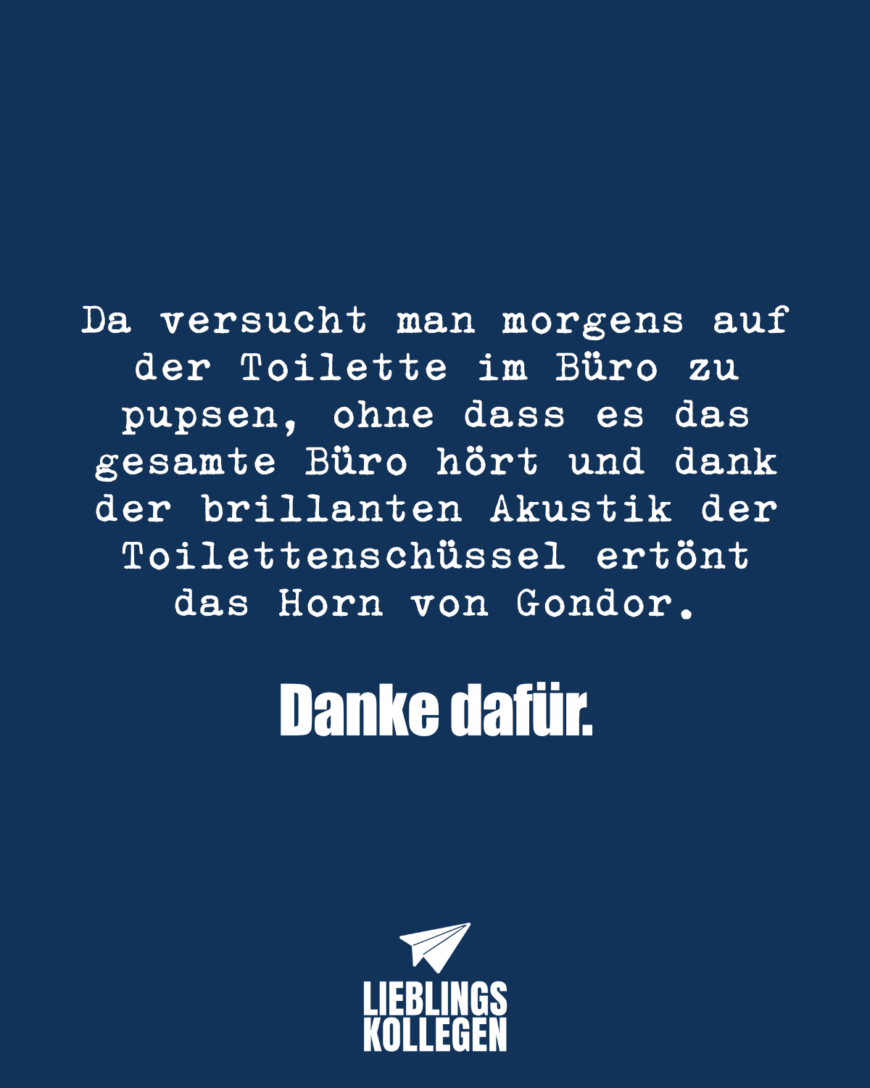 Da versucht man morgens auf der Toilette im Büro zu pupsen, ohne dass es das gesamte Büro hört und dank der brillanten Akustik der Toilettenschüssel ertönt das Horn von Gondor. Danke dafür.