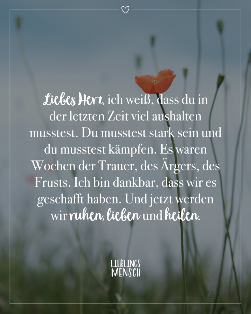 Liebes Herz, ich weiß, dass du in der letzten Zeit viel aushalten musstest. Du musstest stark sein und du musstest kämpfen. Es waren Wochen der Trauer, des Ärgers, des Frusts. Ich bin dankbar, dass wir es geschafft haben. Und jetzt werden wir ruhen, lieben und heilen.