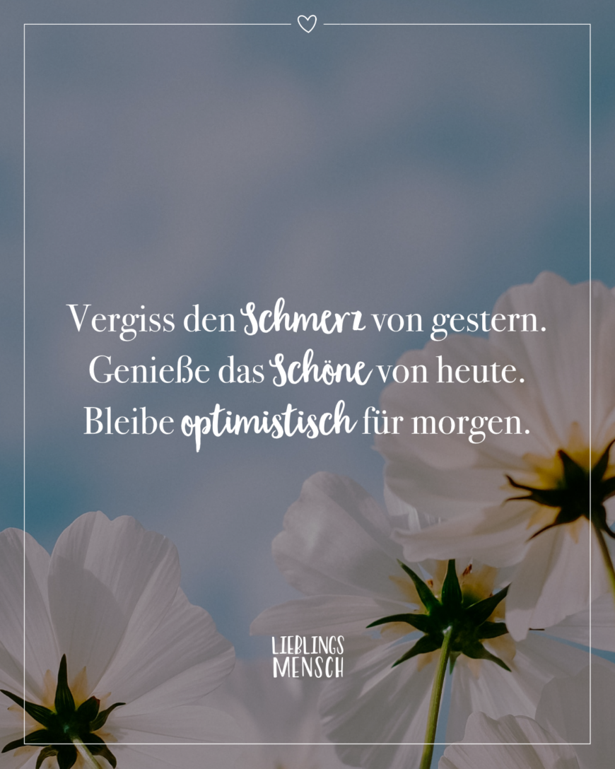 Vergiss den Schmerz von gestern. Genieße das Schöne von heute. Bleibe optimistisch für morgen.