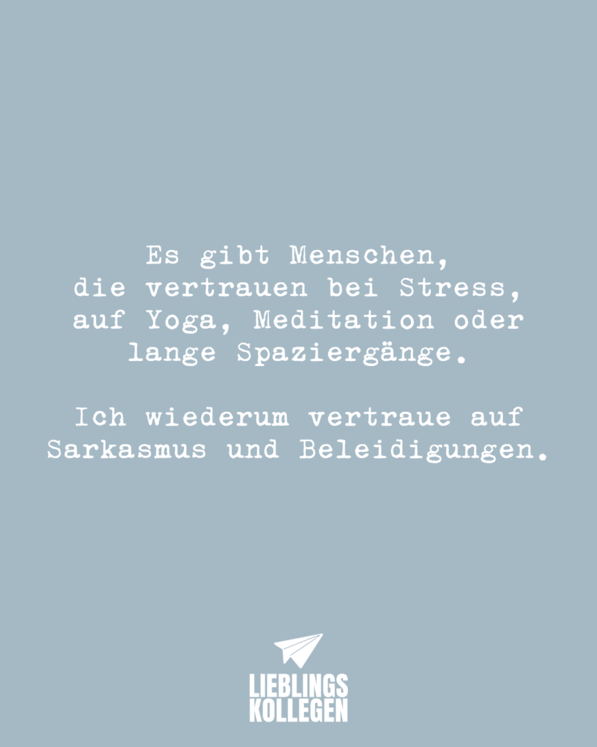 Es gibt Menschen, die vertrauen bei Stress, auf Yoga, Meditation oder lange Spaziergänge. Ich wiederum vertraue auf Sarkasmus und Beleidigungen.