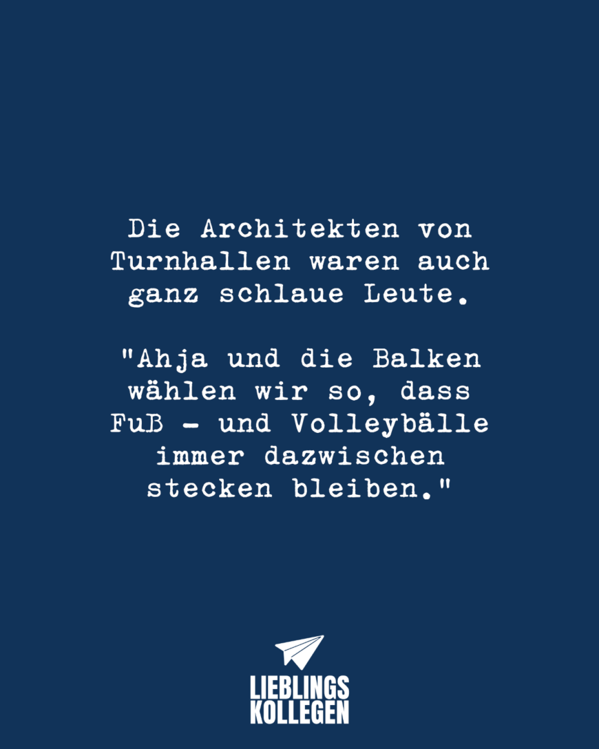 Die Architekten von Turnhallen waren auch ganz schlaue Leute. “Ahja und die Balken wählen wir so, dass Fuß - und Volleybälle immer dazwischen stecken bleiben.”