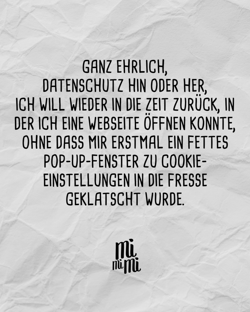 Ganz ehrlich, Datenschutz hin oder her, ich will wieder in die Zeit zurück, in der ich eine Webseite öffnen konnte, ohne dass mir erstmal ein fettes Pop-Up-Fenster zu Cookie-Einstellungen in die Fresse geklatscht wurde.