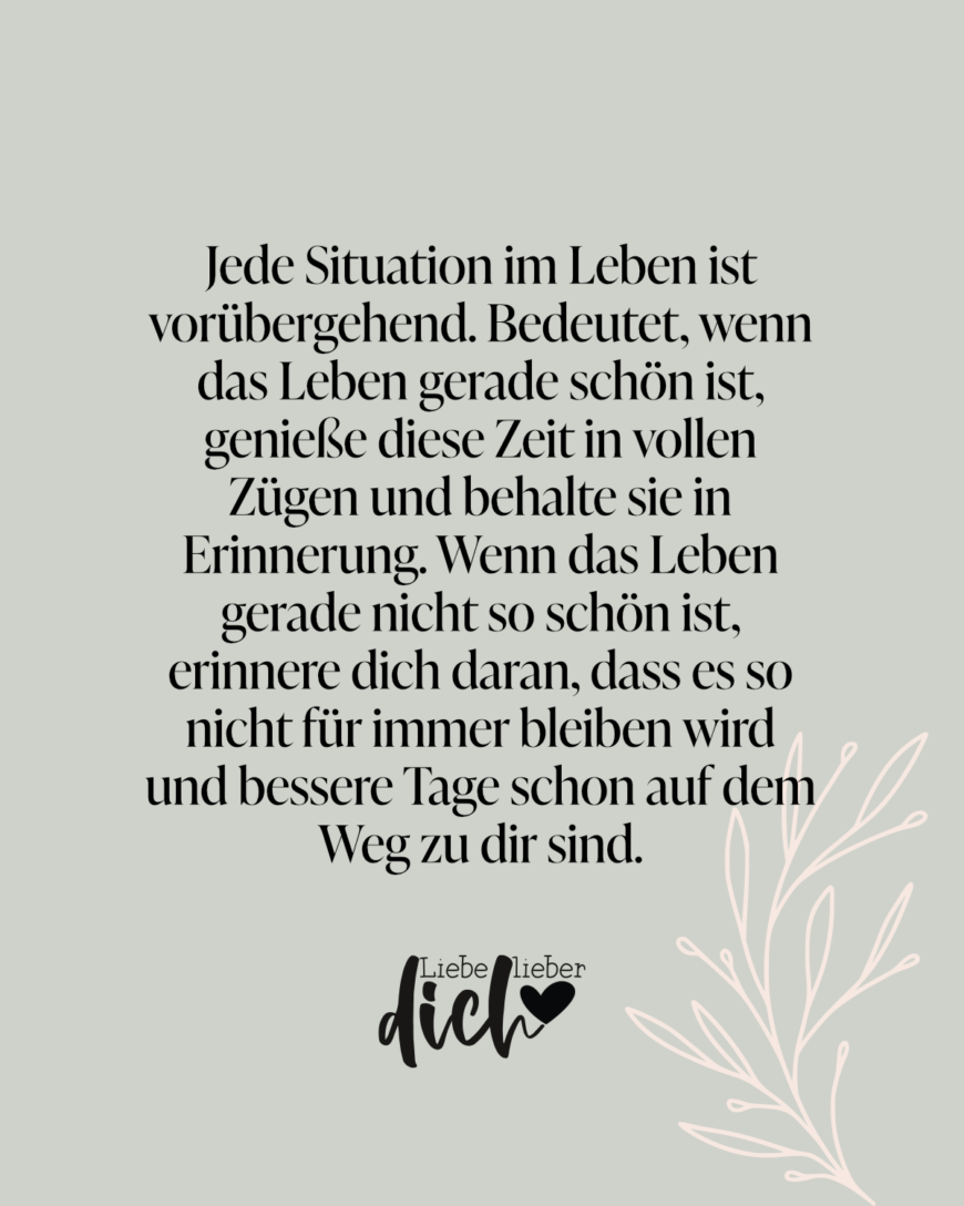 Jede Situation im Leben ist vorübergehend. Bedeutet, wenn das Leben gerade schön ist, genieße diese Zeit in vollen Zügen und behalte sie in Erinnerung. Wenn das Leben gerade nicht so schön ist, erinnere dich daran, dass es so nicht für immer bleiben wird und bessere Tage schon auf dem Weg zu dir sind.