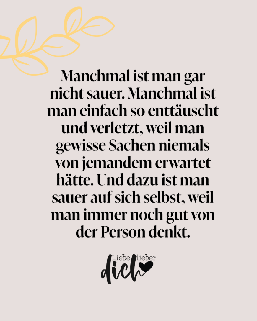 Manchmal ist man gar nicht sauer. Manchmal ist man einfach so enttäuscht und verletzt, weil man gewisse Sachen niemals von jemandem erwartet hätte. Und dazu ist man sauer auf sich selbst, weil man immer noch gut von der Person denkt.