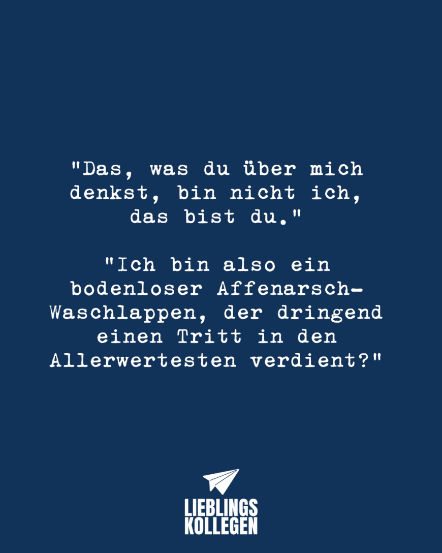 “Das, was du über mich denkst, bin nicht ich, das bist du.” “Ich bin also ein bodenloser Affenarsch-Waschlappen, der dringend einen Tritt in den Allerwertesten verdient?