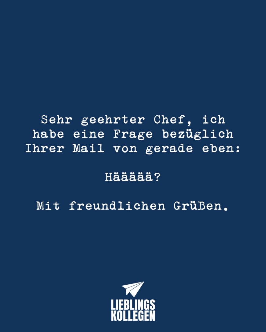 Sehr geehrter Chef, ich habe eine Frage bezüglich Ihrer Mail von gerade eben: Häääää? Mit freundlichen Grüßen.