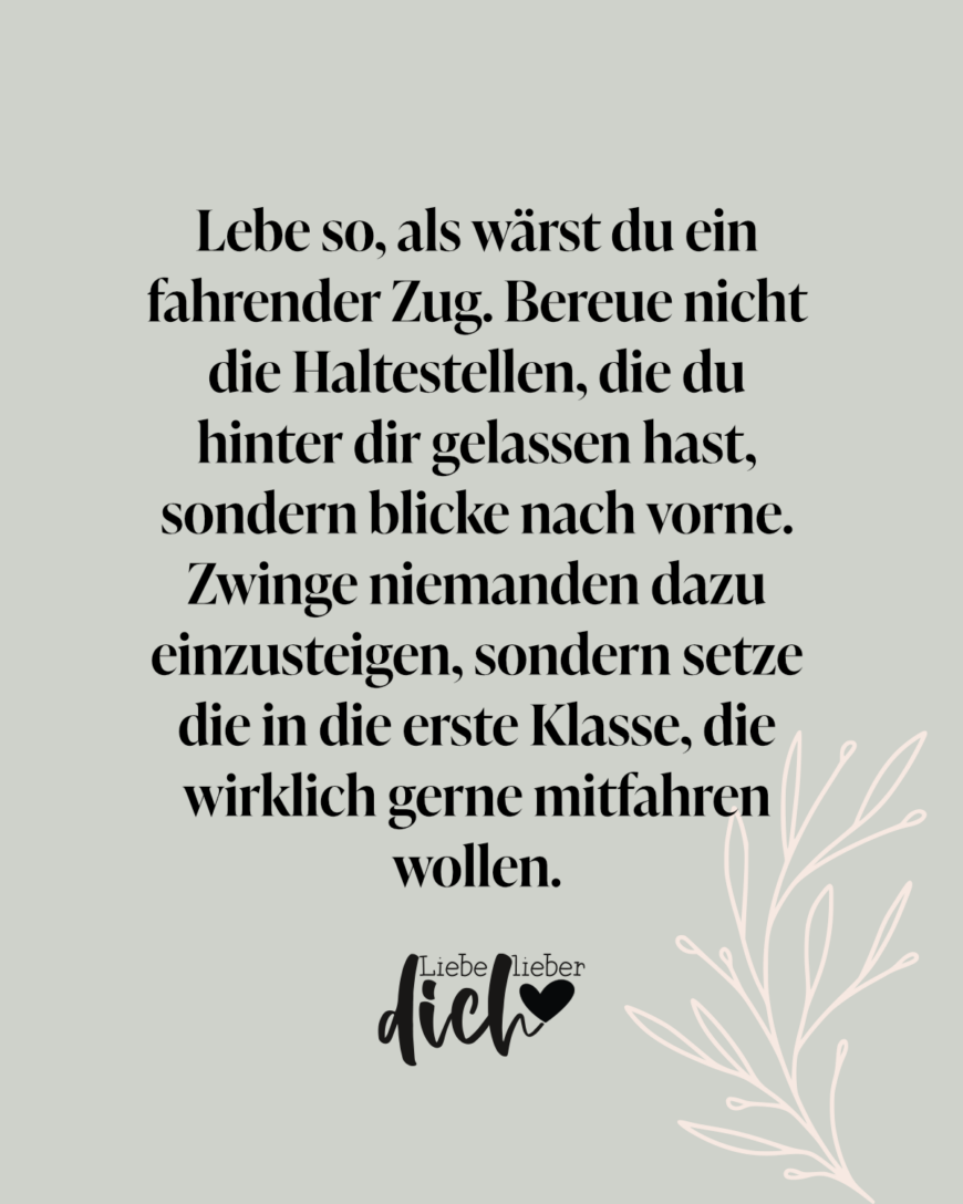 Lebe so, als wärst du ein fahrender Zug. Bereue nicht die Haltestellen, die du hinter dir gelassen hast, sondern blicke nach vorne. Zwinge niemanden dazu einzusteigen, sondern setze die in die erste Klasse, die wirklich gerne mitfahren wollen.