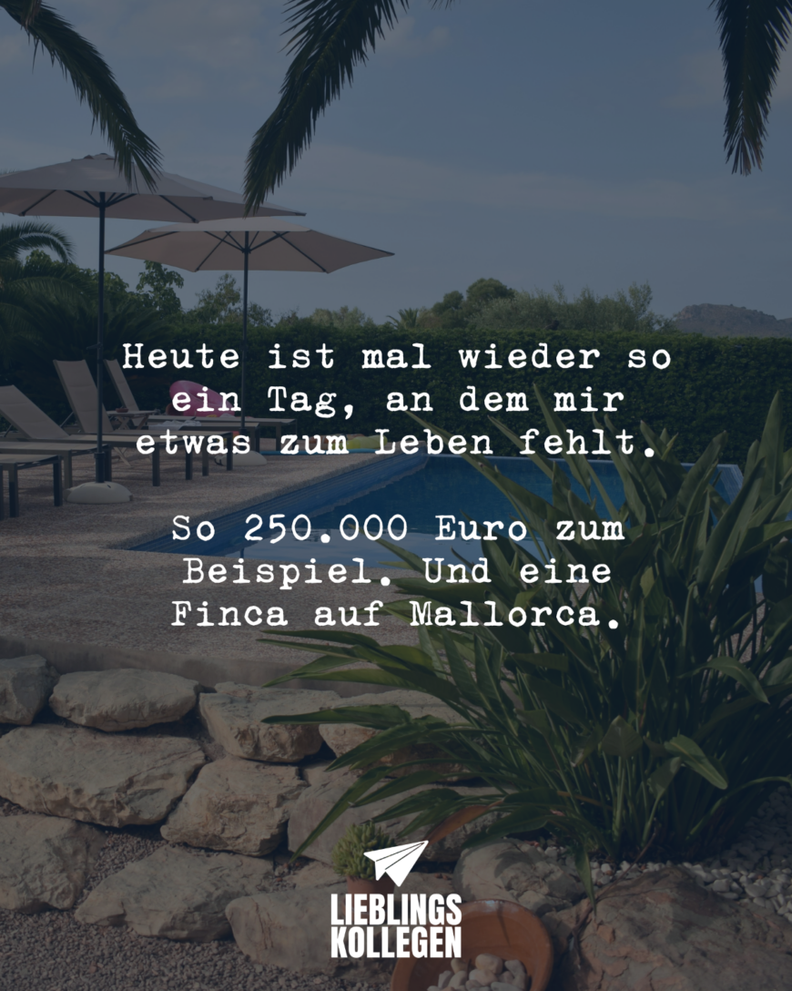 Heute ist mal wieder so ein Tag, an dem mir etwas zum Leben fehlt. So 250.000 Euro zum Beispiel. Und eine Finca auf Mallorca.