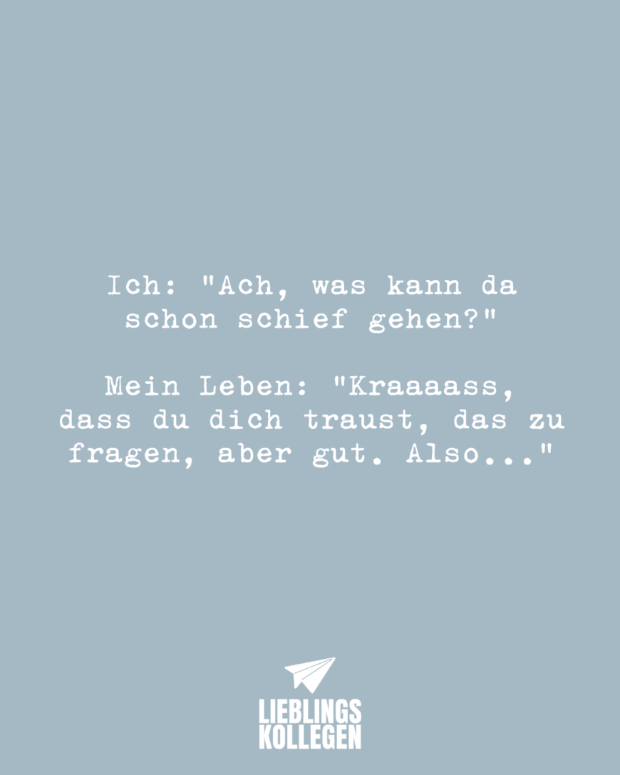 Ich: “Ach, was kann da schon schief gehen?” Mein Leben: “Kraaaass, dass du dich traust, das zu fragen, aber gut. Also…”