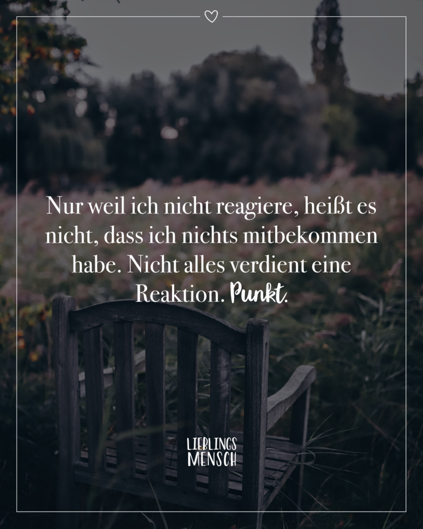 Nur weil ich nicht reagiere, heißt es nicht, dass ich nichts mitbekommen habe. Nicht alles verdient eine Reaktion. Punkt.