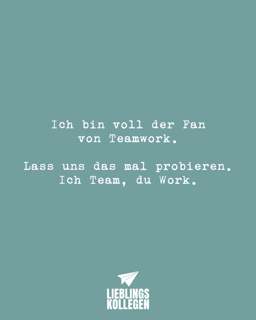 Ich bin voll der Fan von Teamwork. Lass uns das mal probieren. Ich Team, du Work.