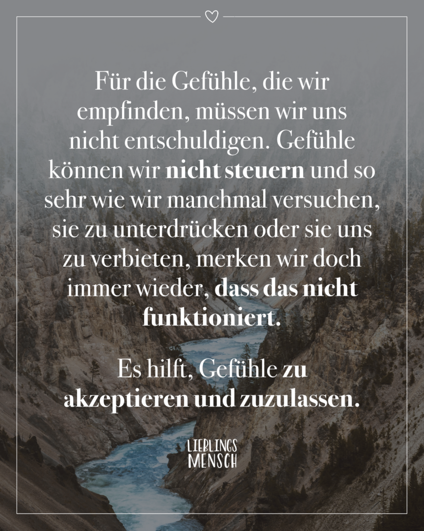 Für die Gefühle, die wir empfinden, müssen wir uns nicht entschuldigen. Gefühle können wir nicht steuern und so sehr wie wir manchmal versuchen, sie zu unterdrücken oder uns zu verbieten, merken wir doch immer wieder, dass das nicht funktioniert. Es hilft, Gefühle zu akzeptieren und zuzulassen.