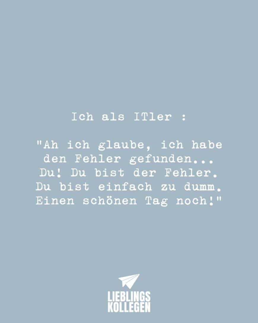 Ich als ITler : „Ah ich glaube, ich habe den Fehler gefunden… Du! Du bist der Fehler. Du bist einfach zu dumm. Einen schönen Tag noch!”