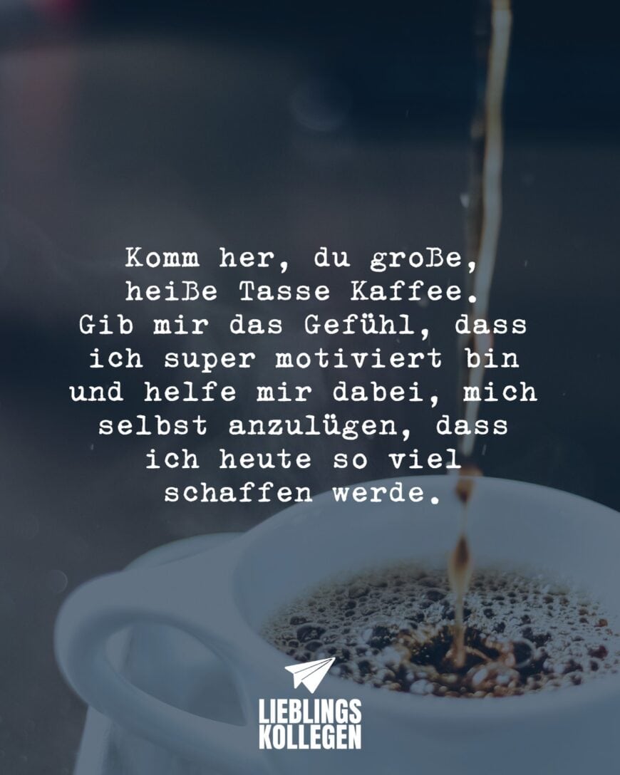 Komm her, du große, heiße Tasse Kaffee. Gib mir das Gefühl, dass ich super motiviert bin und helfe mir dabei, mich selbst anzulügen, dass ich heute so viel schaffen werde.