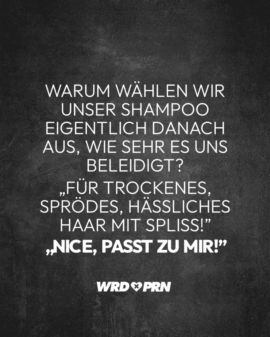 Warum wählen wir unser Shampoo eigentlich danach aus, wie sehr es uns beleidigt? „Für trockenes, sprödes, hässliches Haar mit Spliss!” „Nice, passt zu mir!”