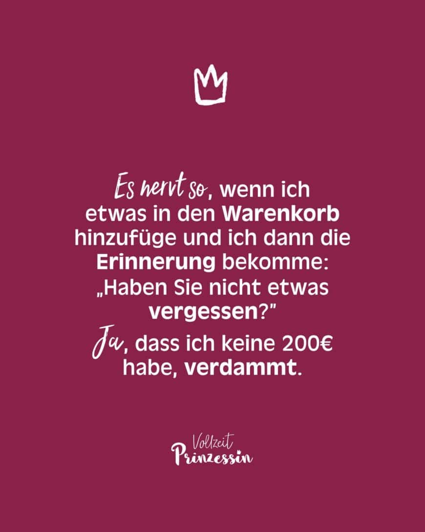 Es nervt so, wenn ich etwas in den Warenkorb hinzufüge und ich dann die Erinnerung bekomme: „Haben Sie nicht etwas vergessen?” JA, dass ich keine 200€ habe, verdammt.