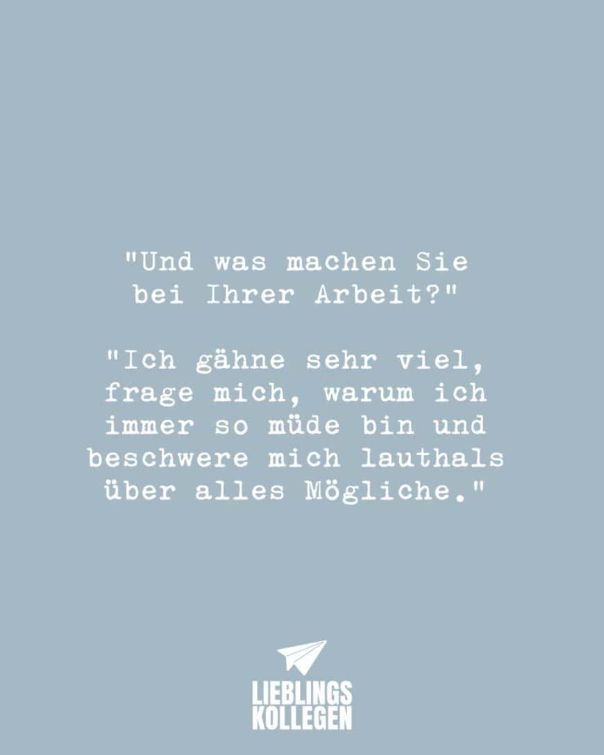 “Und was machen Sie bei Ihrer Arbeit?” “Ich gähne sehr viel, frage mich, warum ich immer so müde bin und beschwere mich lauthals über alles Mögliche.”