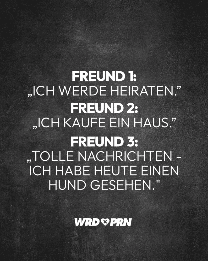 Freund 1: „Ich werde heiraten.” Freund 2: „Ich kaufe ein Haus.” Freund 3: „Tolle Nachrichten- ich habe heute einen Hund gesehen.