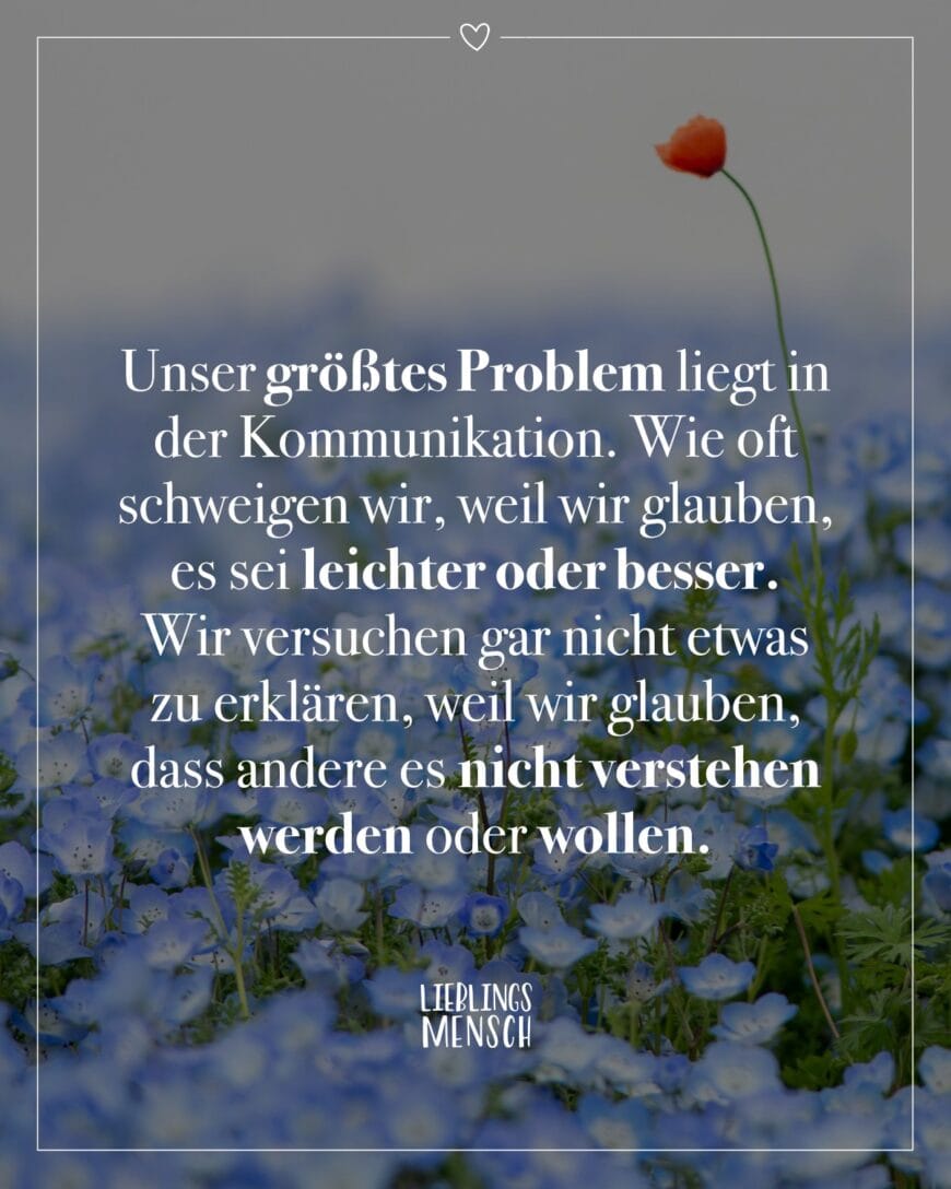 Unser größtes Problem liegt in der Kommunikation. Wie oft schweigen wir, weil wir glauben, es sei leichter oder besser. Wir versuchen gar nicht etwas zu erklären, weil wir glauben, dass andere es nicht verstehen werden oder wollen.