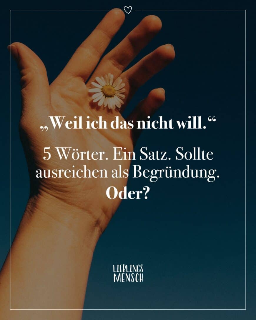 “Weil ich das nicht will.” 5 Wörter. Ein Satz. Sollte ausreichen als Begründung. Oder?