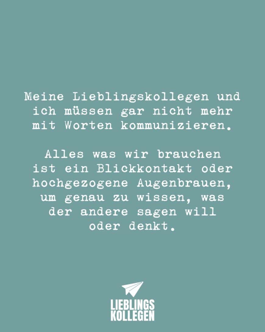 Meine Lieblingskollegen und ich müssen gar nicht mehr mit Worten kommunizieren. Alles was wir brauchen ist ein Blickkontakt oder hochgezogene Augenbrauen, um genau zu wissen, was der andere sagen will oder denkt.