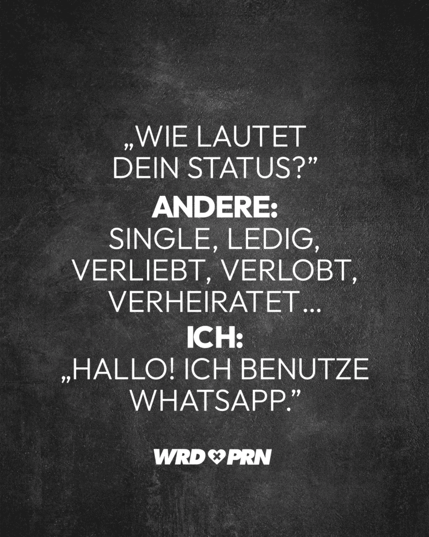 „Wie lautet dein Status?” Andere: Single, ledig, verliebt, verlobt, verheiratet…Ich: „Hallo! Ich benutze Whatsapp.”