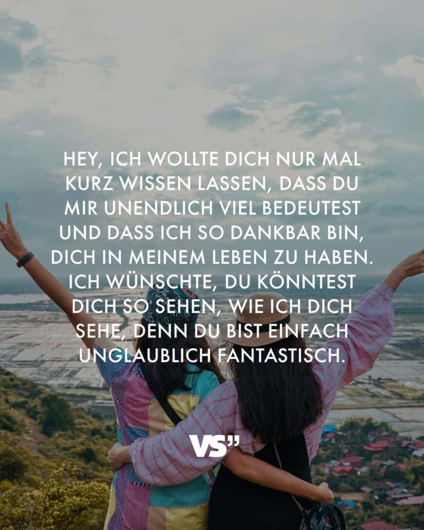 Hey, ich wollte dich nur mal kurz wissen lassen, dass du mir unendlich viel bedeutest und dass ich so dankbar bin, dich in meinem Leben zu haben. Ich wünschte, du könntest dich so sehen, wie ich dich sehe, denn du bist einfach unglaublich fantastisch.