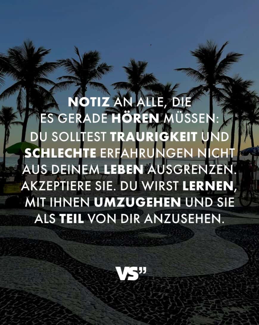 Notiz an alle, die es gerade hören müssen: Du solltest Traurigkeit und schlechte Erfahrungen nicht aus deinem Leben ausgrenzen. Akzeptiere sie. Du wirst lernen, mit ihnen umzugehen und sie als Teil von dir anzusehen.