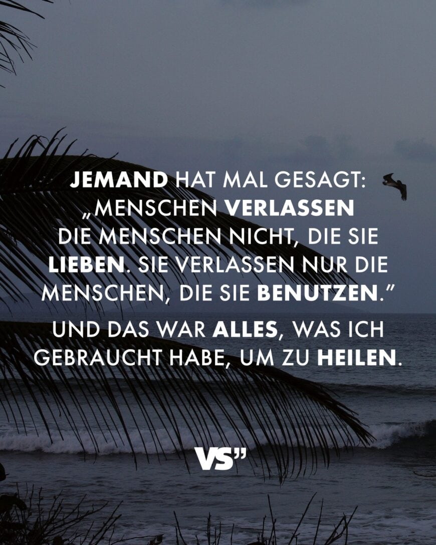 Jemand hat mal gesagt: „Menschen verlassen die Menschen nicht, die sie lieben. Sie verlassen nur die Menschen, die sie benutzen.” Und das war alles, was ich gebraucht habe, um zu heilen.