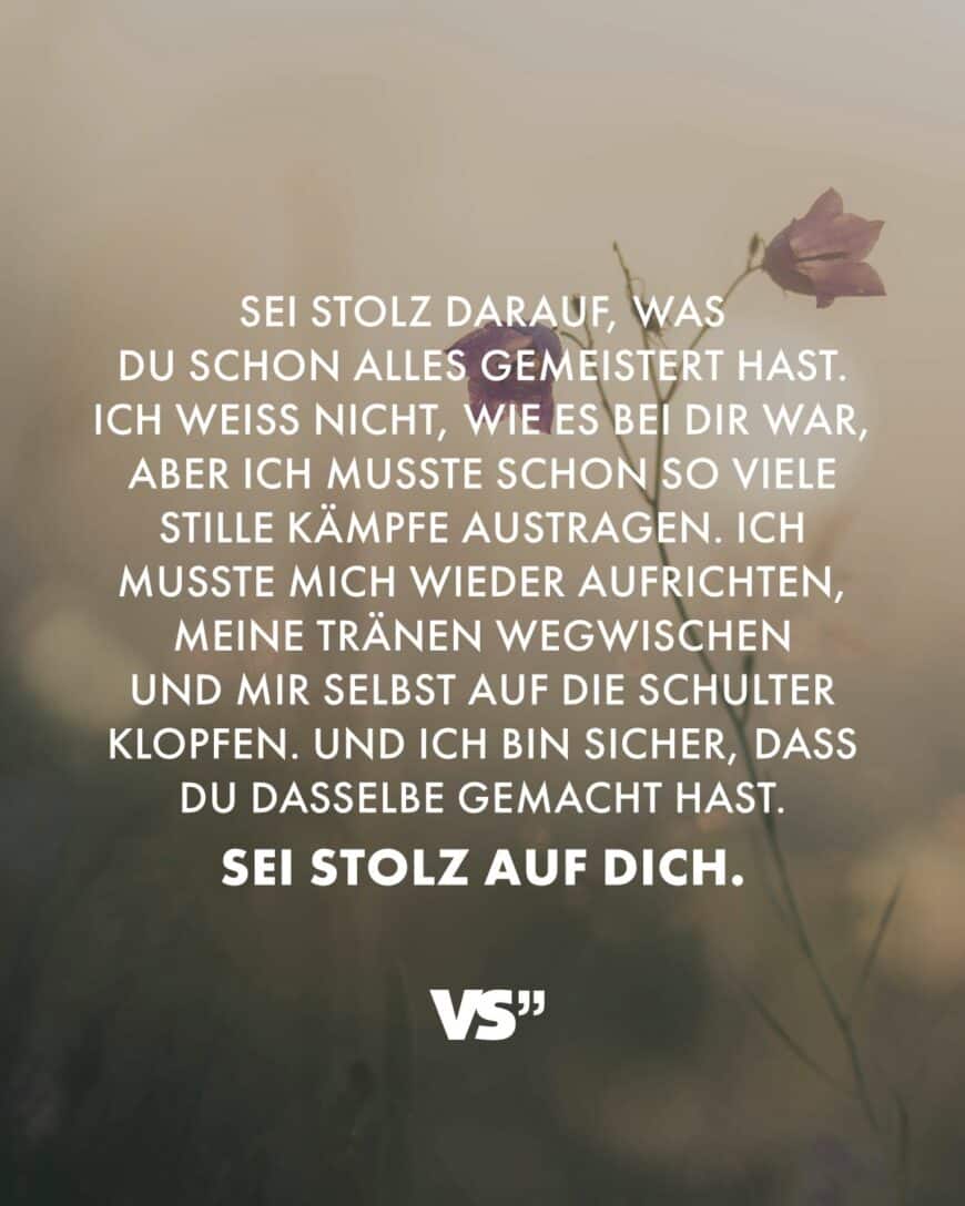 Sei stolz darauf, was du schon alles gemeistert hast. Ich weiß nicht, wie es bei dir war, aber ich musste schon so viele stille Kämpfe austragen. Ich musste mich wieder aufrichten, meine Tränen wegwischen und mir selbst auf die Schulter klopfen. Und ich bin sicher, dass du dasselbe gemacht hast. Sei stolz auf dich.