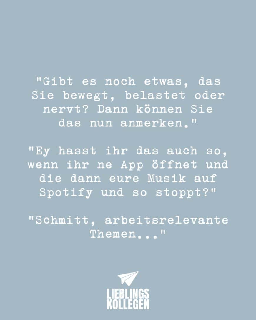 “Gibt es noch etwas, dass sie bewegt, belastet oder nervt? Dann können Sie das nun anmerken.” “Ey hasst ihr das auch so, wenn ihr ne App öffnet und die dann eure Musik auf Spotify und so stoppt? “Schmitt, arbeitsrelevante Themen…”