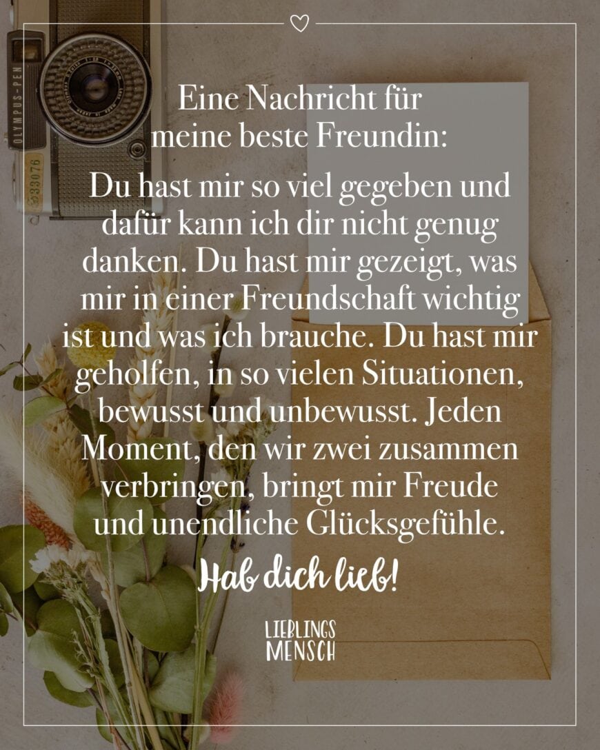 Eine Nachricht für meine beste Freundin: Du hast mir so viel gegeben und dafür kann ich dir nicht genug danken. Du hast mir gezeigt, was mir in einer Freundschaft wichtig ist und was ich brauche. Du hast mir geholfen, in so vielen Situationen, bewusst und unbewusst. Jeden Moment, den wir zwei zusammen verbringen, bringt mir Freude und unendliche Glücksgefühle. Hab dich lieb!