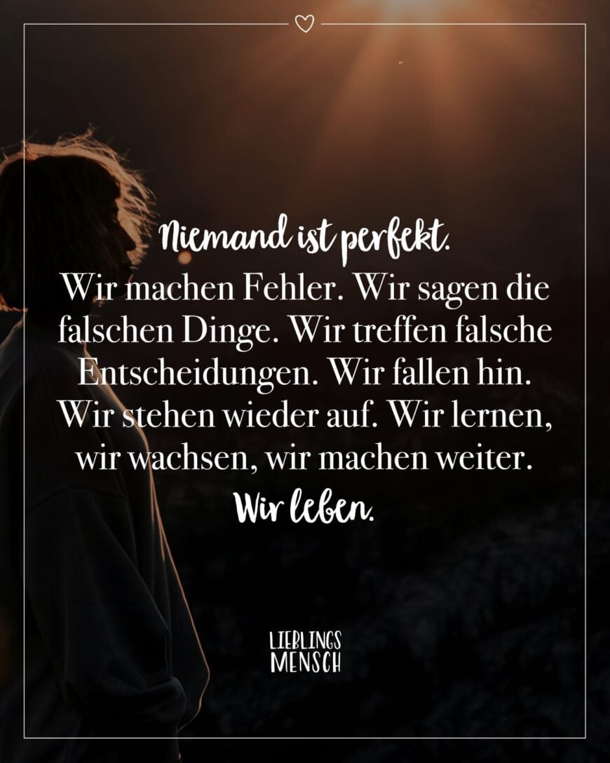 Niemand ist perfekt. Wir machen Fehler. Wir sagen die falschen Dinge. Wir treffen falsche Entscheidungen. Wir fallen hin. Wir stehen wieder auf. Wir lernen, wir wachsen, wir machen weiter. Wir leben.