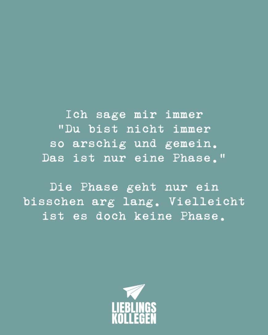 Ich sage mir immer “Du bist nicht immer so arschig und gemein. Das ist nur eine Phase.” Die Phase geht nur ein bisschen arg lang. Vielleicht ist es doch keine Phase.