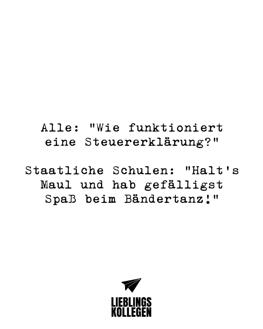 Alle: “Wie funktioniert eine Steuererklärung?” Staatliche Schulen: “Halt’s Maul und hab gefälligst Spaß beim Bändertanz!”