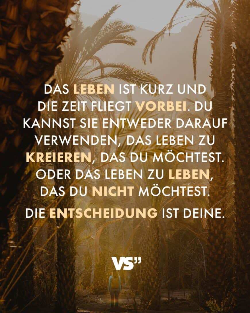 Das Leben ist kurz und die Zeit fliegt vorbei. Du kannst sie entweder darauf verwenden, das Leben zu kreieren, das du möchtest. oder das Leben zu leben, das du nicht möchtest. Die Entscheidung ist deine.