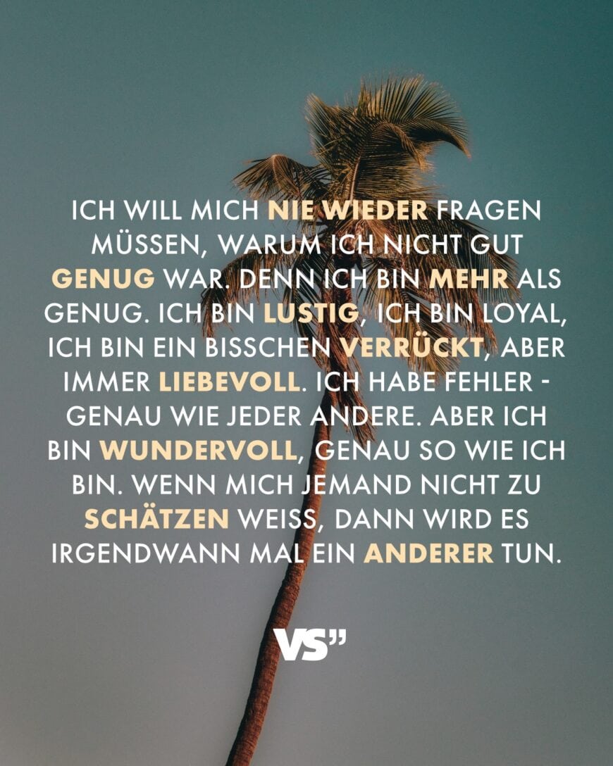 Ich will mich nie wieder fragen müssen, warum ich nicht gut genug war. Denn ich bin mehr als genug. Ich bin lustig, ich bin loyal, ich bin ein bisschen verrückt, aber immer liebevoll. Ich habe Fehler - genau wie jeder andere. Aber ich bin wundervoll, genau so wie ich bin. Wenn mich jemand nicht zu schätzen weiß, dann wird es irgendwann mal ein anderer tun.