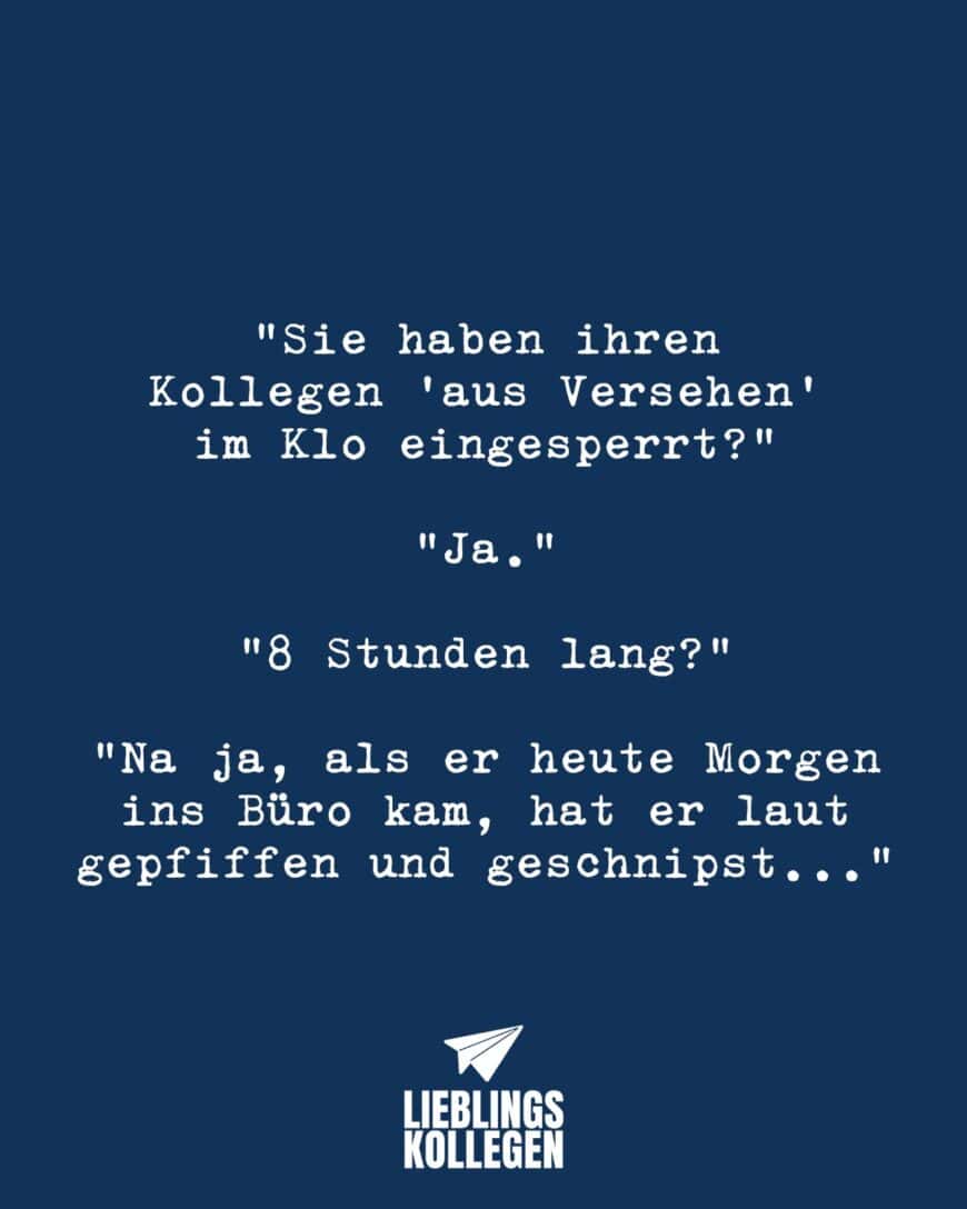 “Sie haben ihren Kollegen “aus Versehen” im Klo eingesperrt?” “Ja.” 8 Stunden lang?” “Na ja, als er heute Morgen ins Büro kam, hat er laut gepfiffen und geschnipst…”