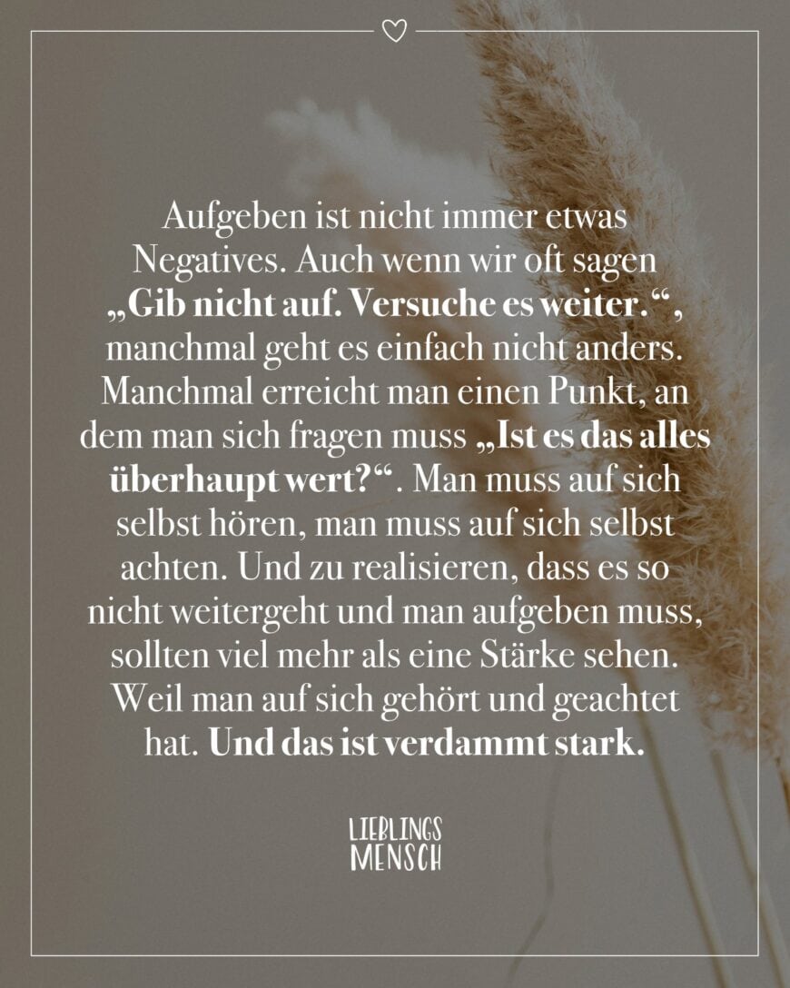 Aufgeben ist nicht immer etwas Negatives. Auch wenn wir oft sagen “Gib nicht auf. Versuche es weiter.”, manchmal geht es einfach nicht anders. Manchmal erreicht man einen Punkt, an dem man sich fragen muss “Ist es das alles überhaupt wert?”. Man muss auf sich selbst hören, man muss auf sich selbst achten. Und zu realisieren, dass es so nicht weitergeht und man aufgeben muss, sollten viel mehr als eine Stärke sehen. Weil man auf sich gehört und geachtet hat. Und das ist verdammt stark.