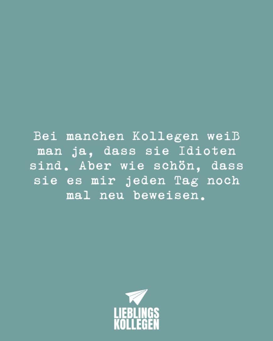 Bei manchen Kollegen weiß man ja, dass sie Idioten sind. Aber wie schön, dass sie es mir jeden Tag noch mal neu beweisen.